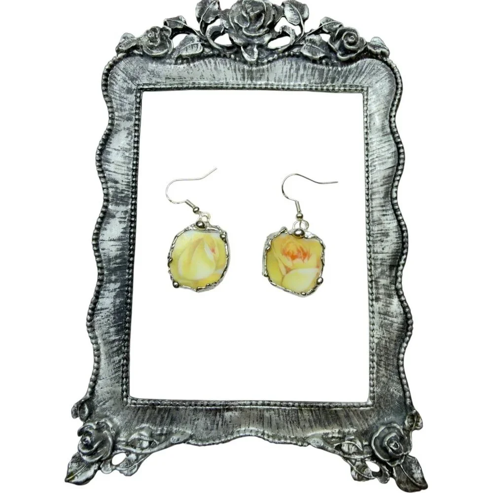 Yellow Rose Bavaria Broken China Earrings - Sterling Silver 925 Artisan Crafted - Picture 6 of 11